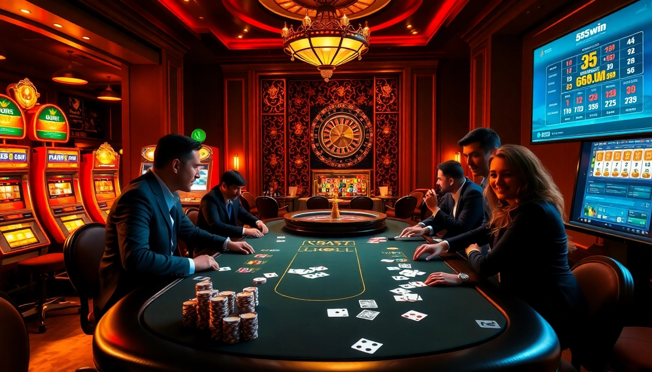 The thrilling poker table scene at 555win, showcasing intense players, colorful chips, and a roulette wheel.