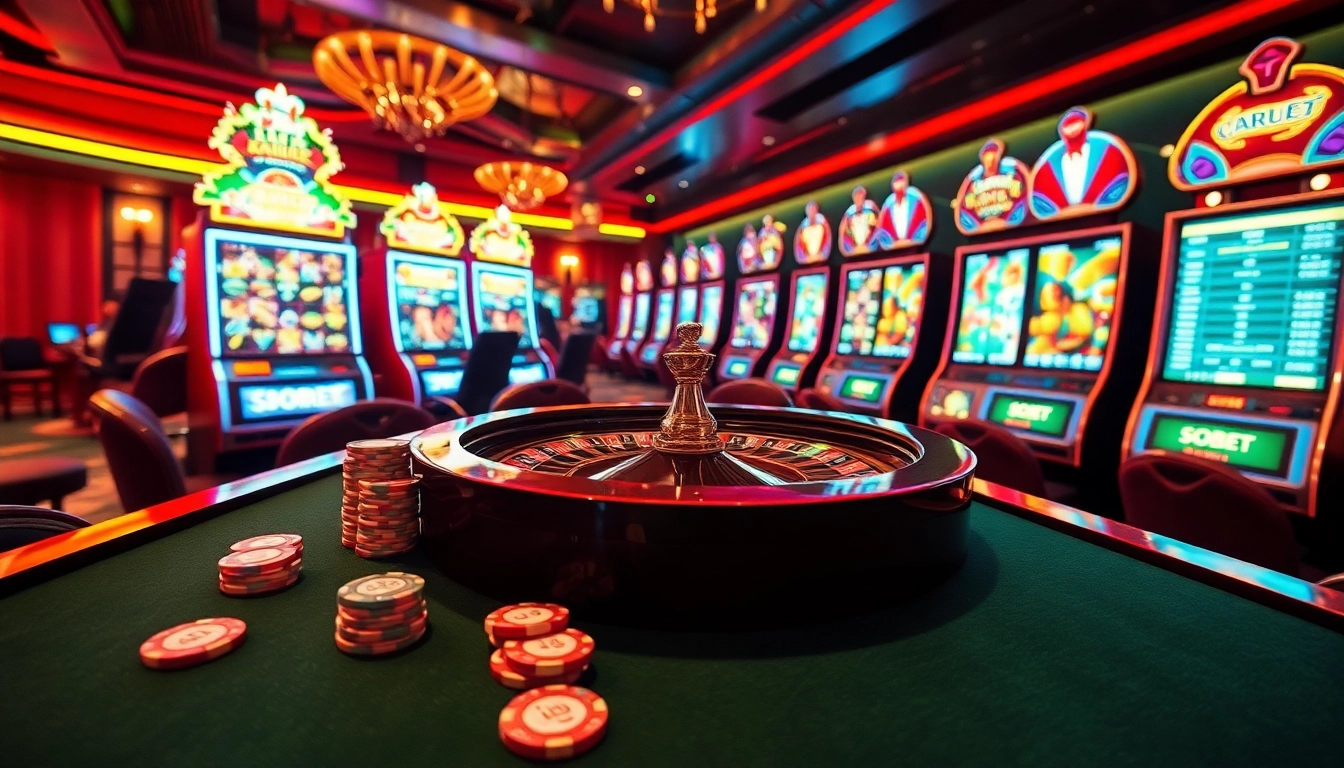 Engaging online gambling scene highlighting link alternatif sbobet with poker chips and vibrant slot machines.