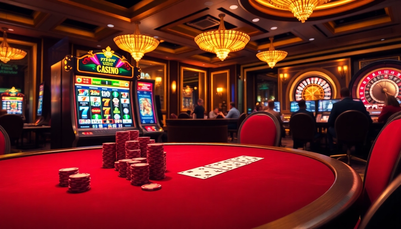 Exciting gaming scene featuring the 777VIP Bet App with vibrant slot machine, poker table, and roulette wheel.