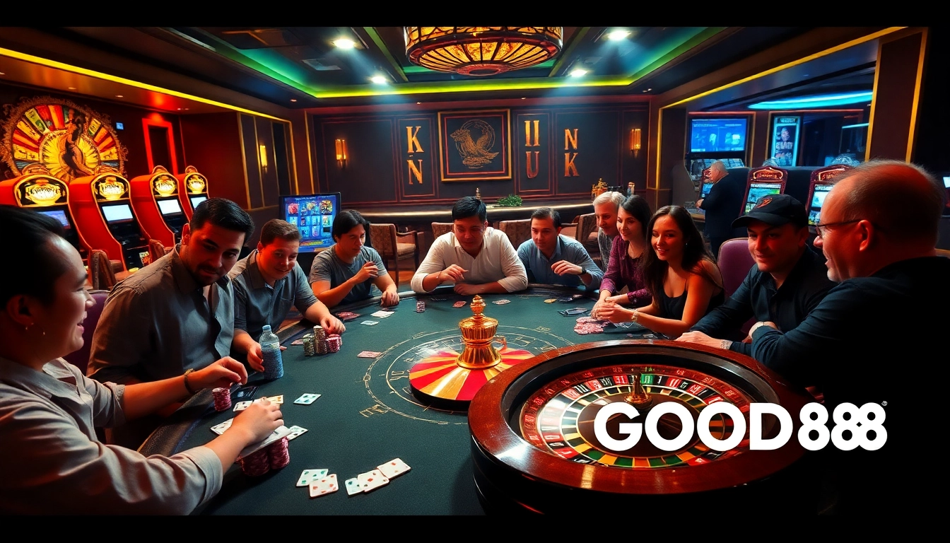 Exciting scene at GOOD88 casino showcasing poker players at an elegant table with vibrant chips and cards.