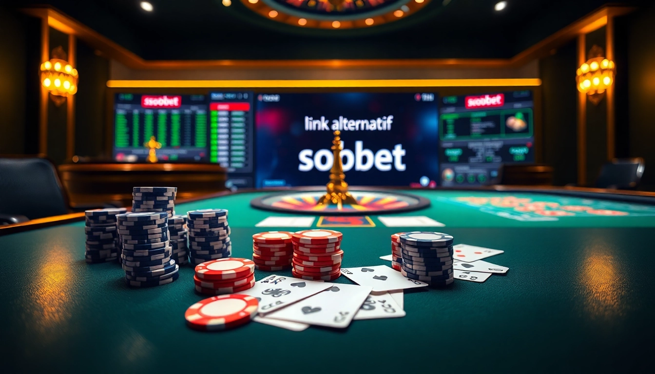 Engaging scene of an online casino featuring link alternatif sbobet with poker chips and betting odds displayed.