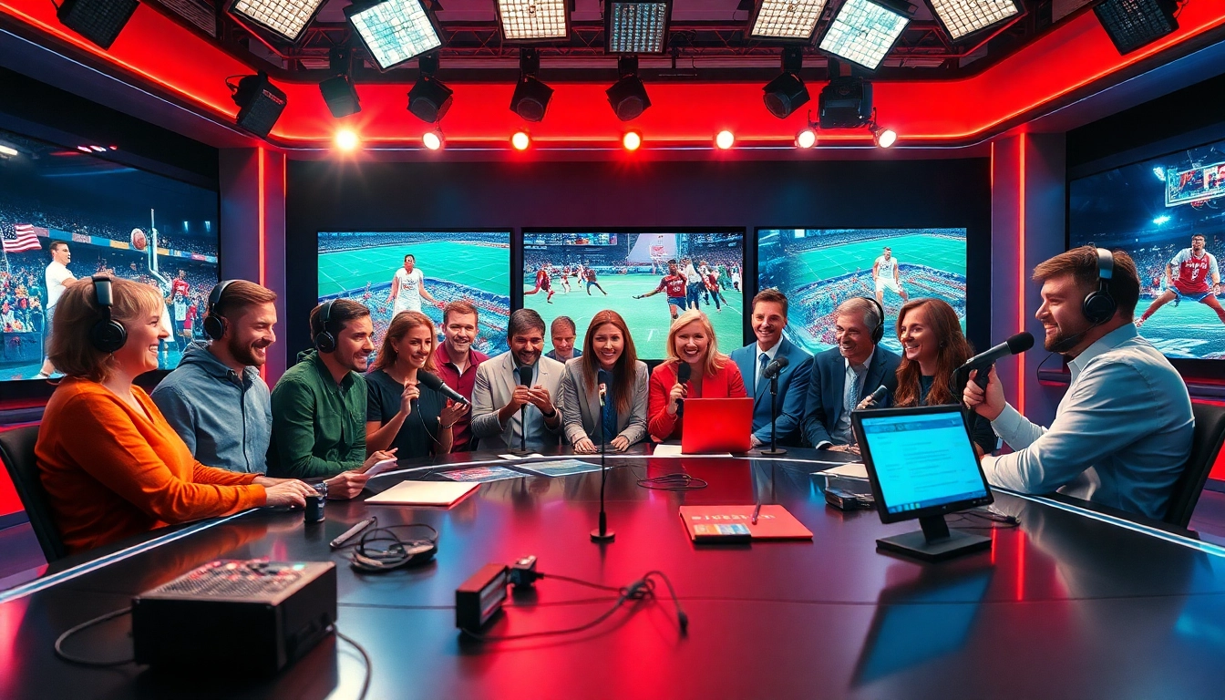Engaging sports broadcasting studio capturing live commentary excitement.