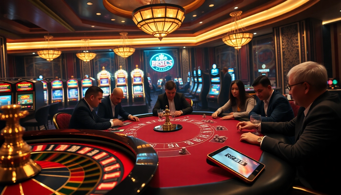 The excitement of gambling at https://rr88co.net/ with poker players at a luxurious table and vibrant slot machines.