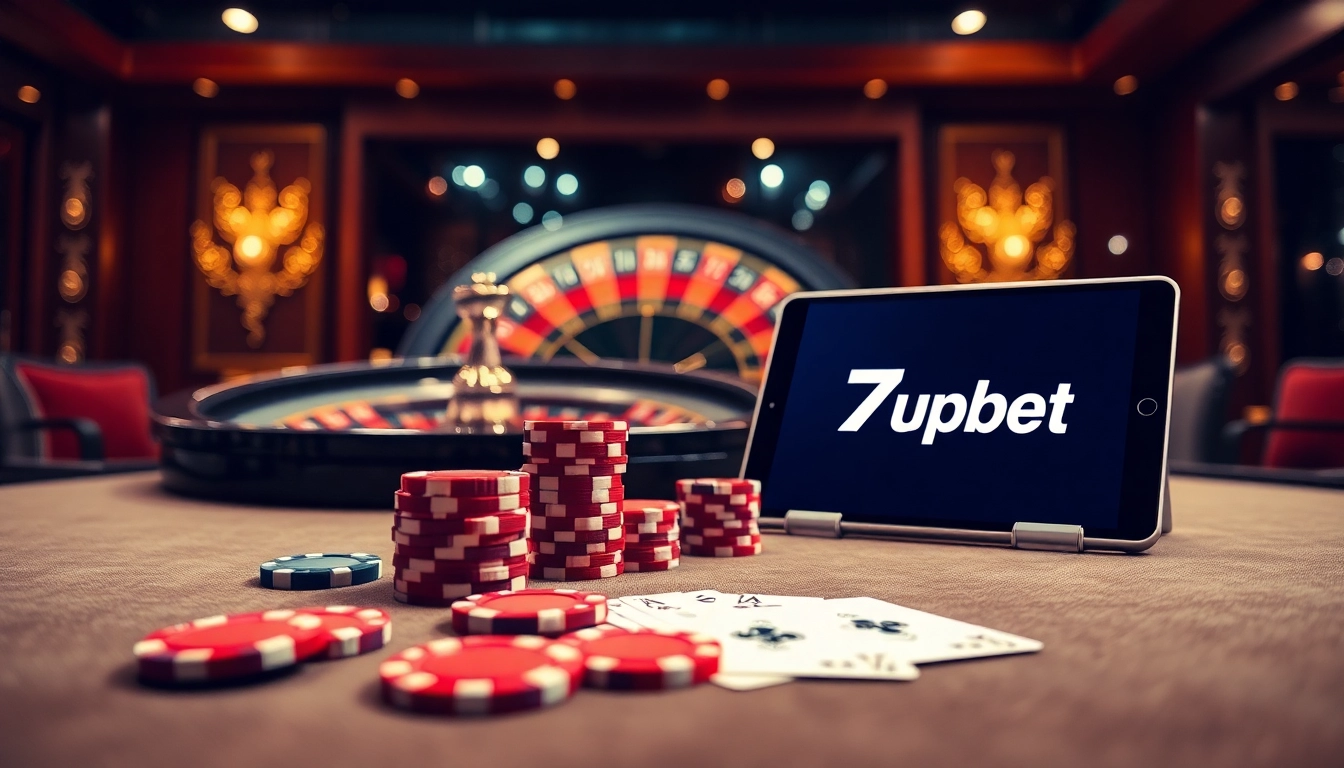 Engage in thrilling gameplay with 7upbet at a vibrant casino table featuring poker chips and cards.