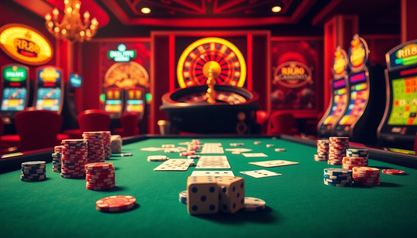 Players engaging with poker chips and cards at the RR88 casino table in a luxurious setting.