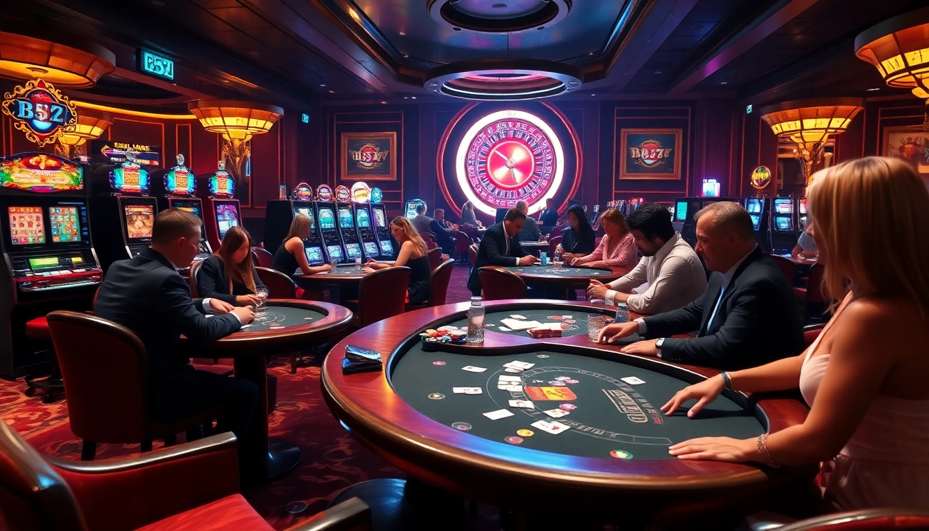 Players celebrating wins at B52club's luxurious casino tables with poker chips and cards