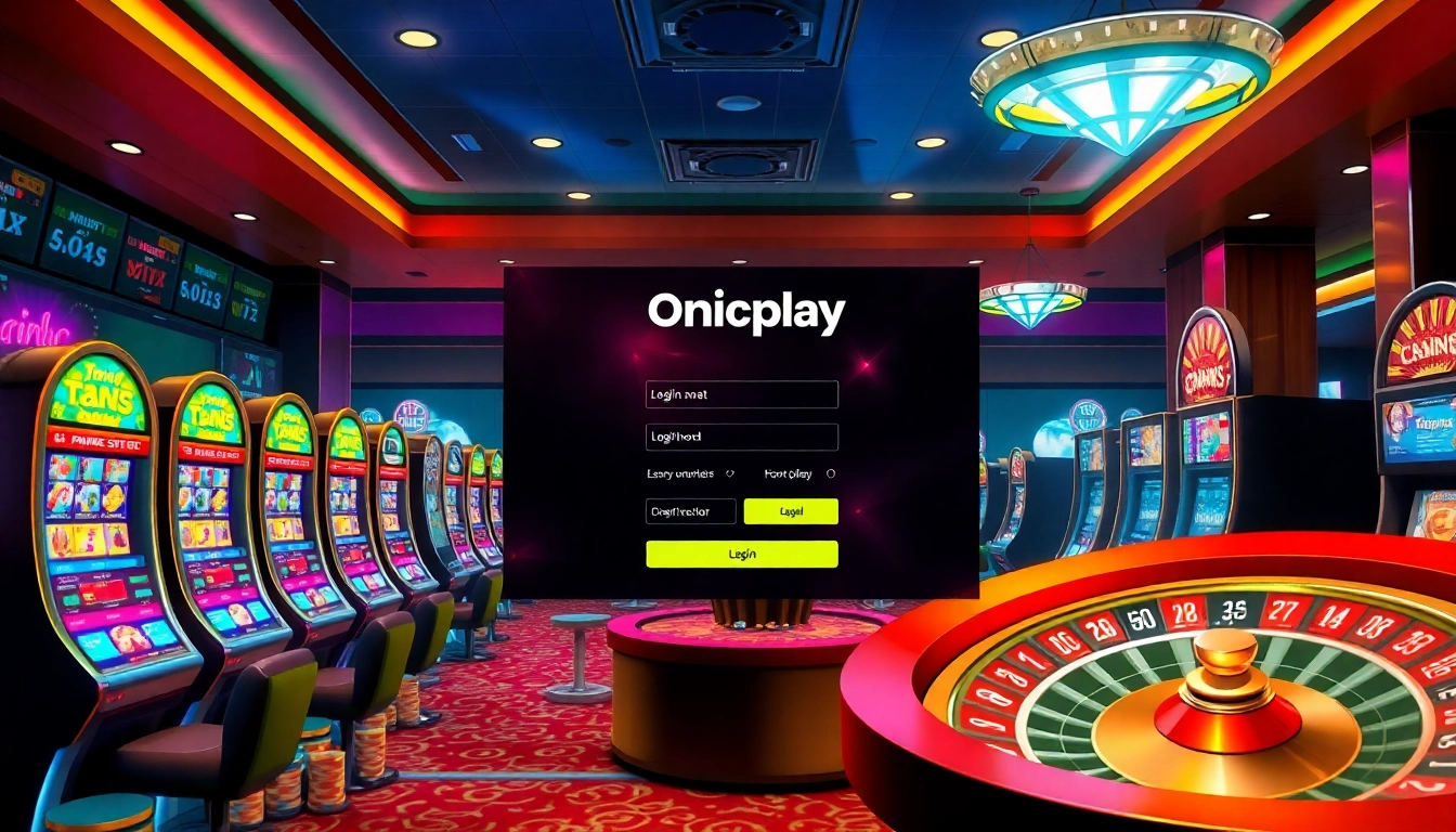 Experience the excitement of onicplay login with vibrant casino elements like slot machines and poker chips.