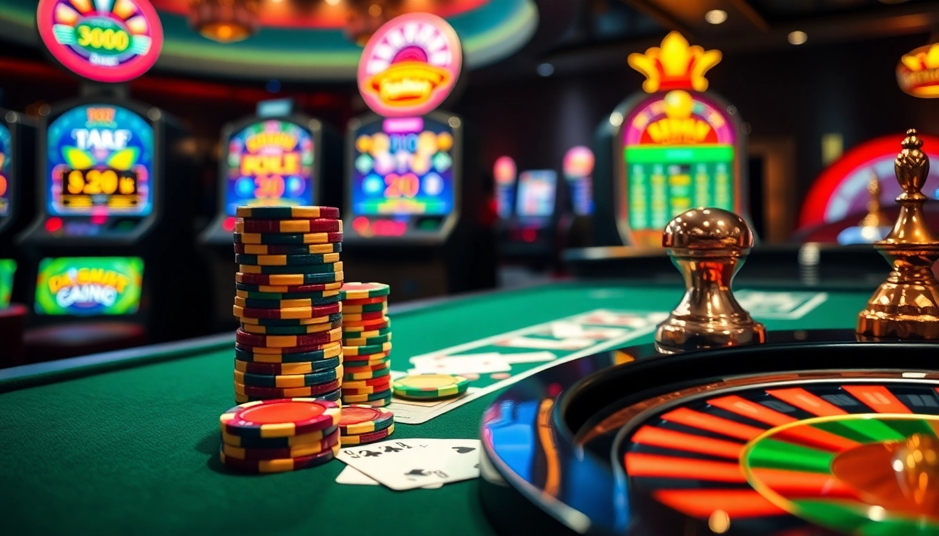 Exciting poker scene at 68win casino featuring vibrant chips and cards on a luxurious table.