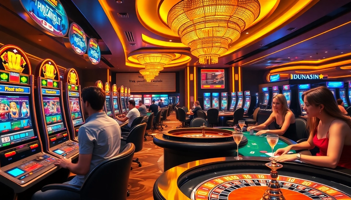 Players enjoying idnslot games with vibrant casino visuals and exciting gaming elements.