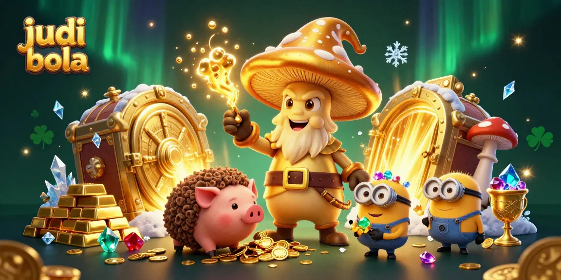 Engage in judi bola with a magical illustration of a golden mushroom wizard and treasure.