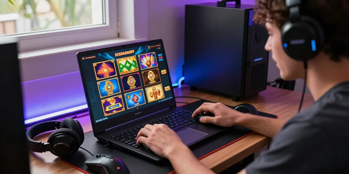 Pengguna kudaliar89 sedang bermain slot online dengan antusias di laptop, dikelilingi aksesori gaming yang menarik.