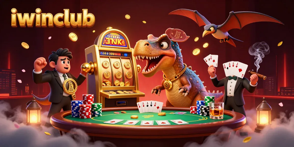 iwinclub scene featuring a cartoon dinosaur and golden slot machine, evoking excitement and jackpots