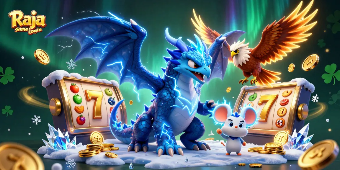 Engage in thrilling gameplay with Raja game login featuring a thunder dragon and slot machines.