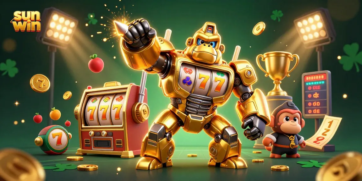 Experience exciting wins with sun win as the golden gorilla mech blasts through a vibrant casino scene.