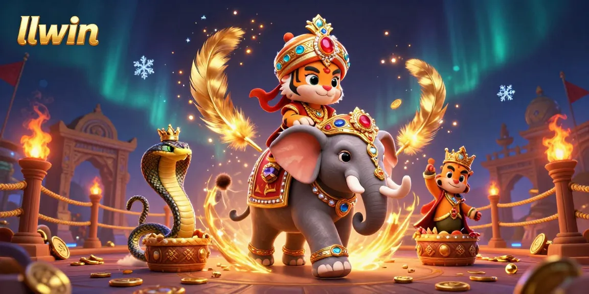 Watch the majestic llwin maharaja tiger, elephant, and cobra in a vibrant casino scene with gold coins.