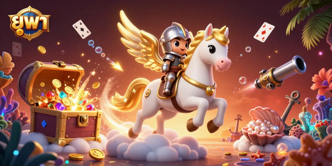 Experience the exciting world of ยูฟ่า with a dynamic casino-themed illustration showcasing a celestial horse and treasure.