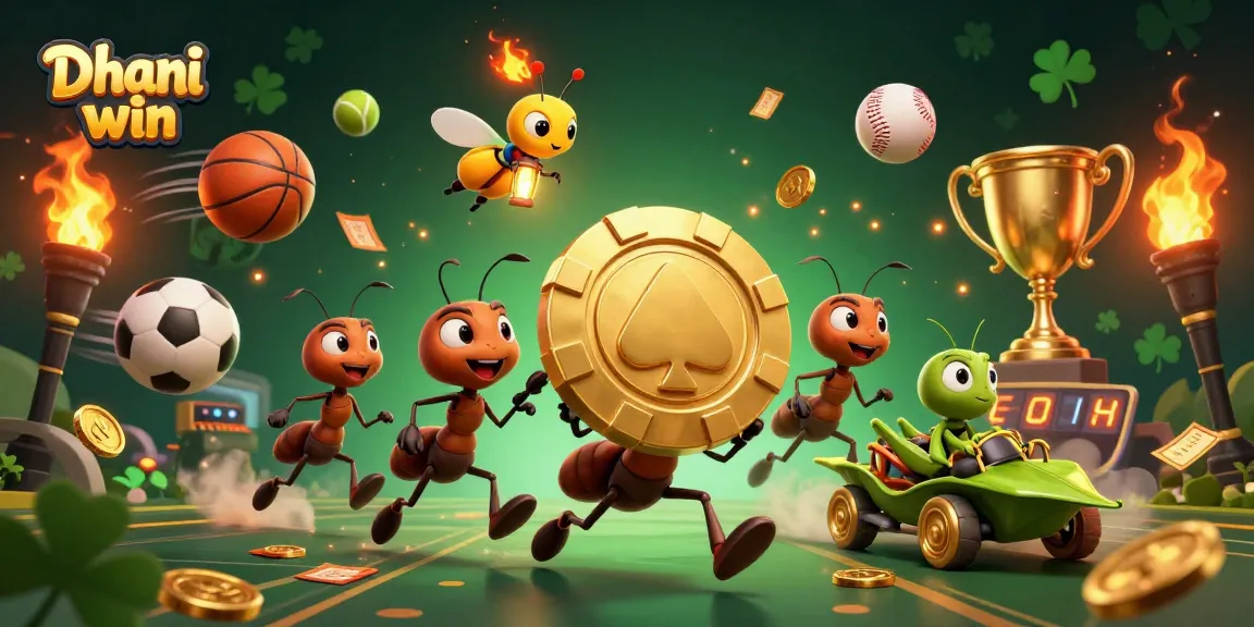 Dhani win showcases a thrilling scene with ants on a heist, surrounded by dynamic gaming elements and vibrant energy.