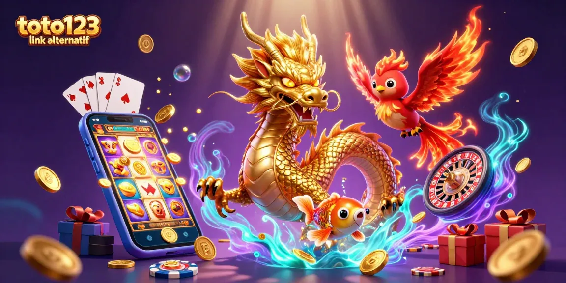 Win big with toto123 link alternatif featuring a golden dragon and vibrant casino elements.