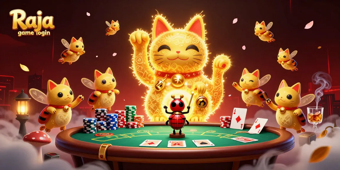 Experience the excitement of Raja game login with a vibrant illustration of a lucky cat in a casino setting.