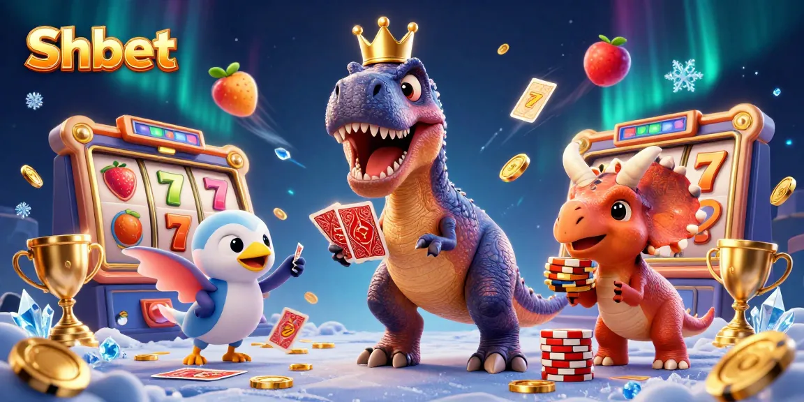 Engage with Shbet's vibrant 3D illustration showcasing a dinosaur-themed casino experience.