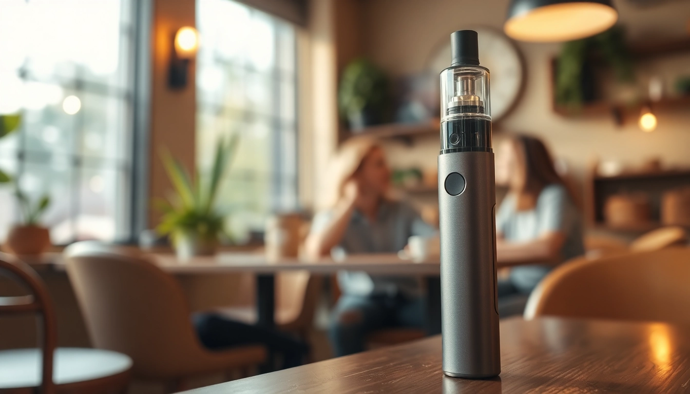 Showcase a sleek thc disposable vape in a cozy café, highlighting its smooth design and inviting atmosphere.