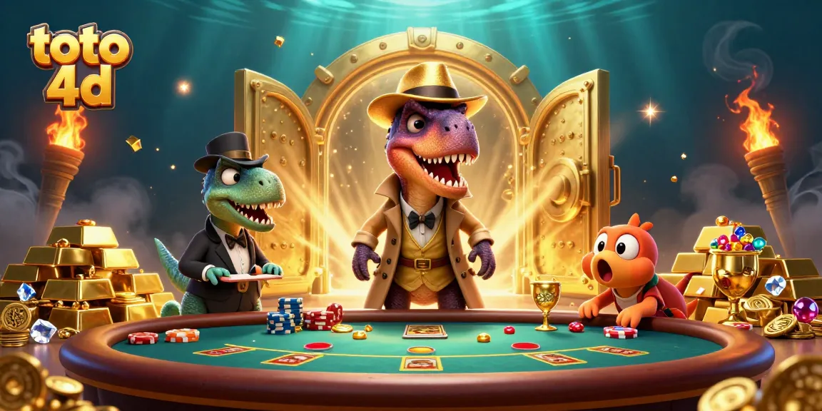 Engage with toto 4d in a captivating 3D cartoon scene featuring a velociraptor card counter.