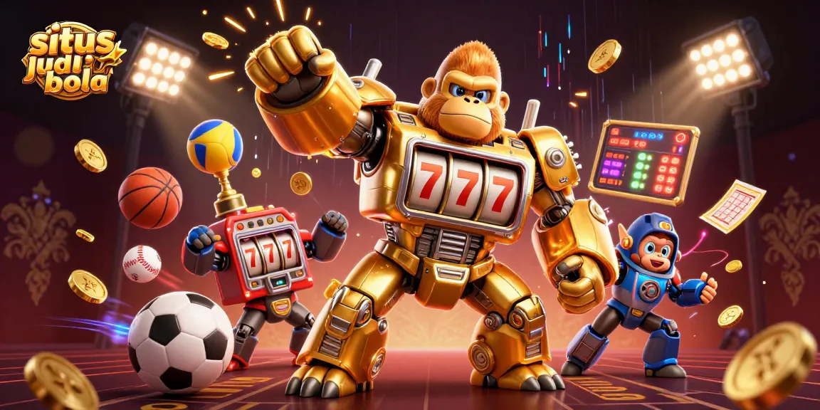 Engage in exciting action with situs judi bola, featuring dynamic sports elements and a golden gorilla mech!