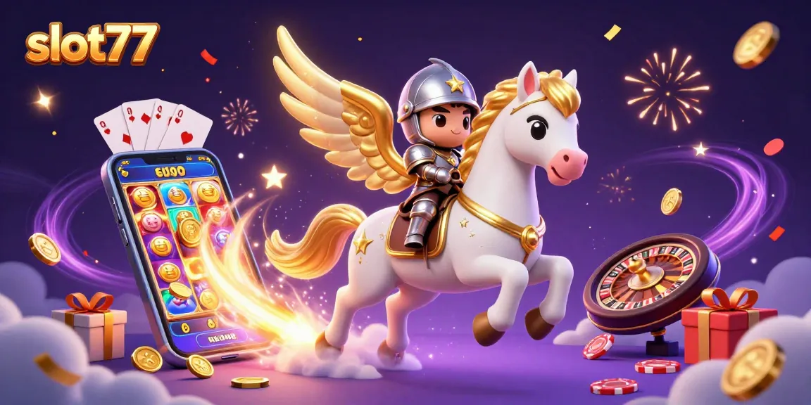 Slot77 mainkan permainan slot dengan 3D kuda putih bercahaya dan ksatria kecil berarmor.