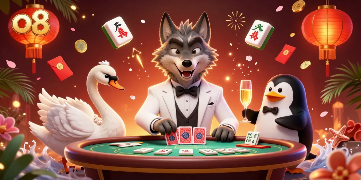 Engage with exciting baccarat at o8 featuring a cartoon wolf, swan dealer, and penguin sommelier.