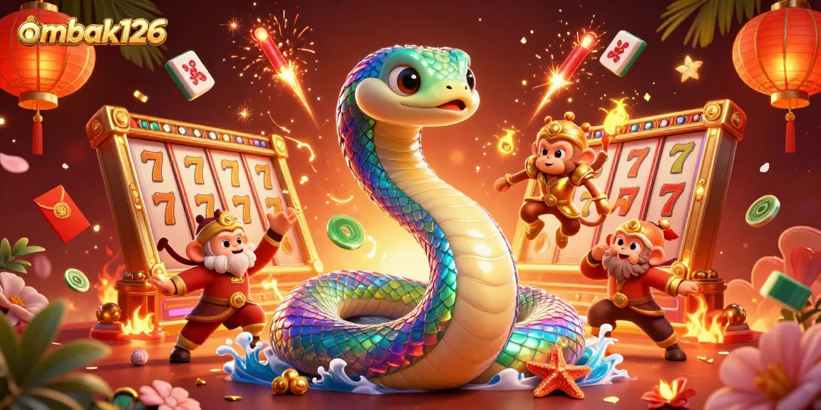 Play exciting games with ombak126 while enjoying vibrant casino-themed visuals featuring playful characters and slot elements.