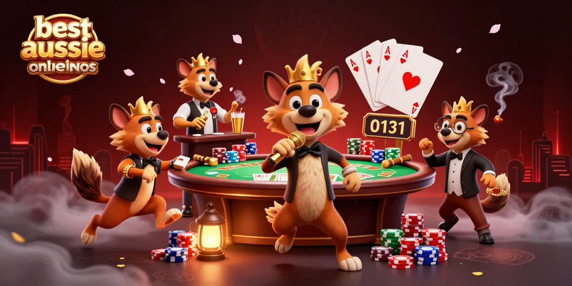 Illustration of best aussie online casinos featuring hyenas in a vibrant comedy casino scene.