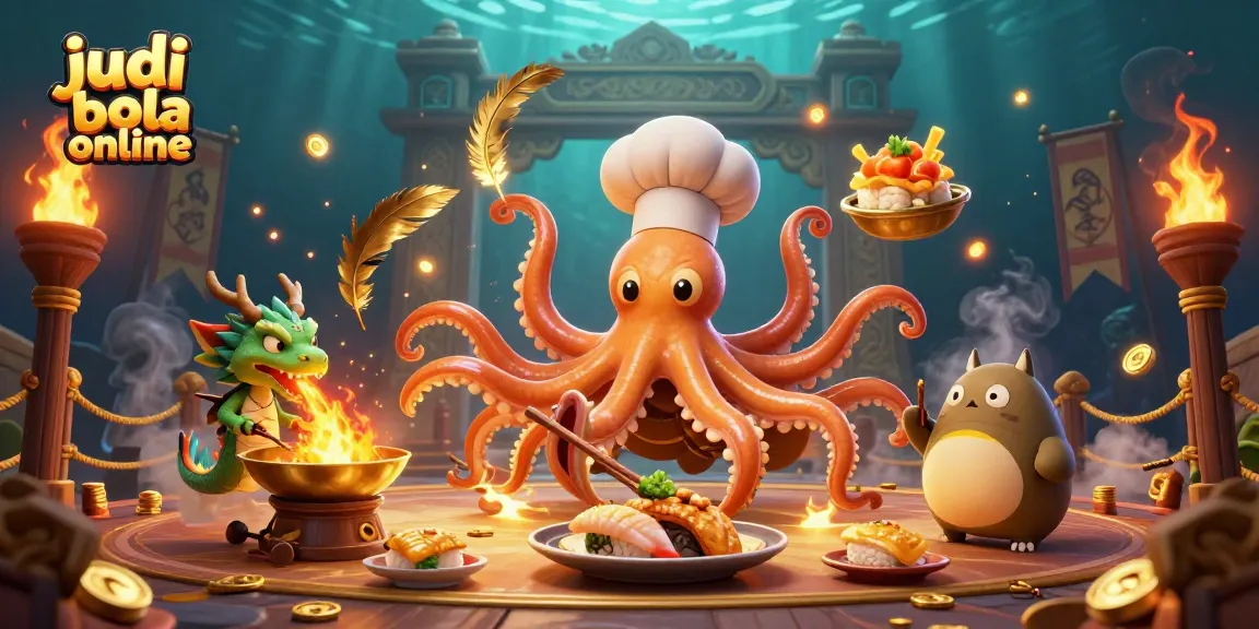 Experience judi bola online action with an octopus chef and fiery dragon in an exciting casino scene.