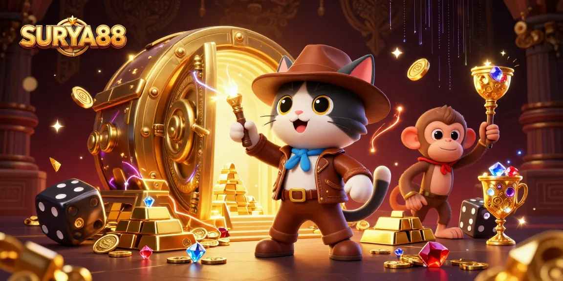 SURYA88 showcases a 3D archaeological cat finding golden casino artifacts amidst ancient traps and riches.