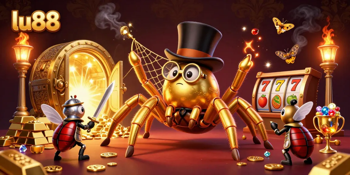 Experience thrilling gameplay at lu88 with a vibrant casino scene featuring a spider weaving golden fortunes.