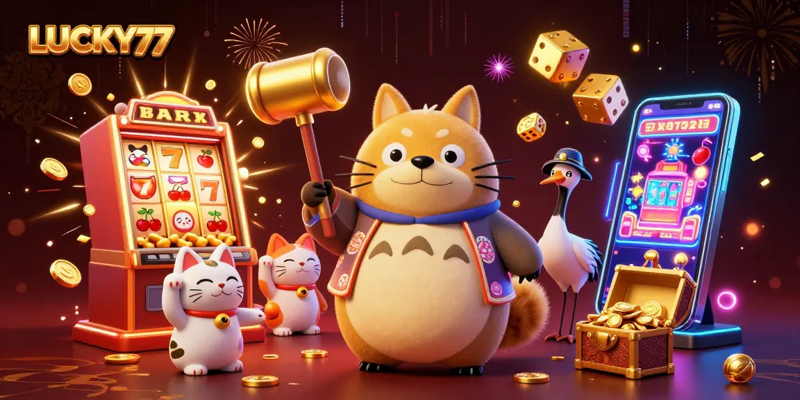 Spin to win with LUCKY77 as a cheerful tanuki and samurai crane bring fortune!