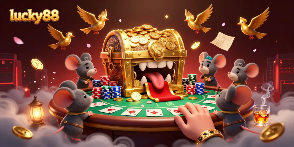 Engaging scene depicting lucky88, a treasure chest enticing mice at a poker table with vibrant details.