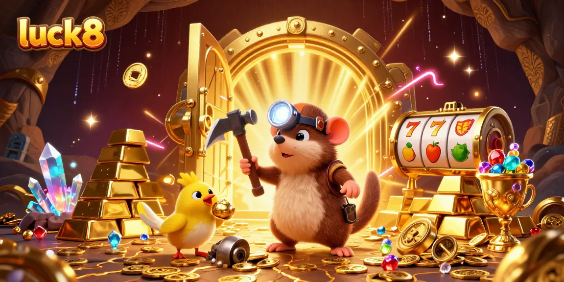 Immerse yourself in the luck8 adventure with a treasure hunter mole discovering riches in a vibrant casino setting.