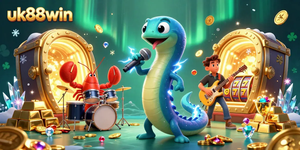 uk88win showcases a vibrant underwater casino scene with electric eel DJ and treasure elements.