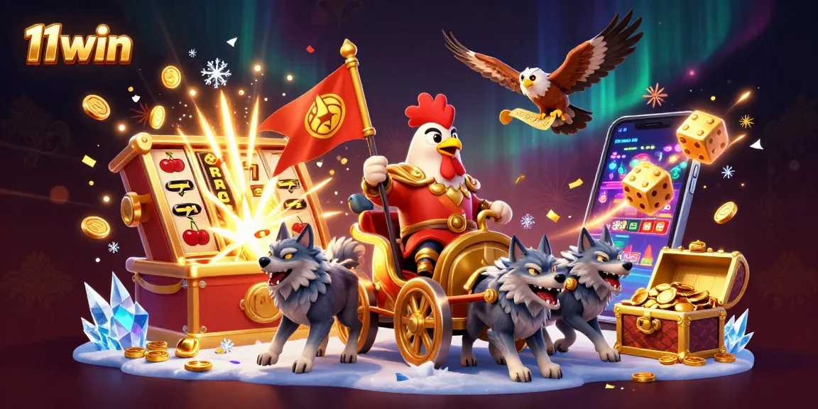 Engage in epic games at 11win with a cartoon rooster warlord and dazzling slot machines.