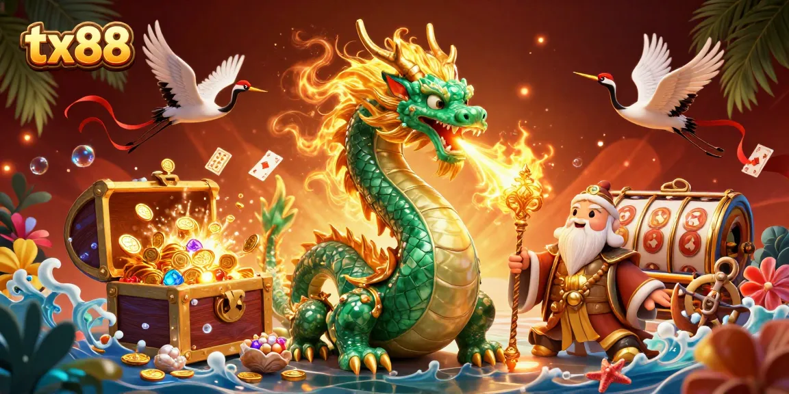 Experience winning moments with tx88's captivating casino illustration featuring a dragon and treasure.