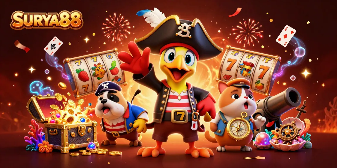 SURYA88 features a vibrant 3D pirate-themed casino scene with characters amidst lively slot elements.