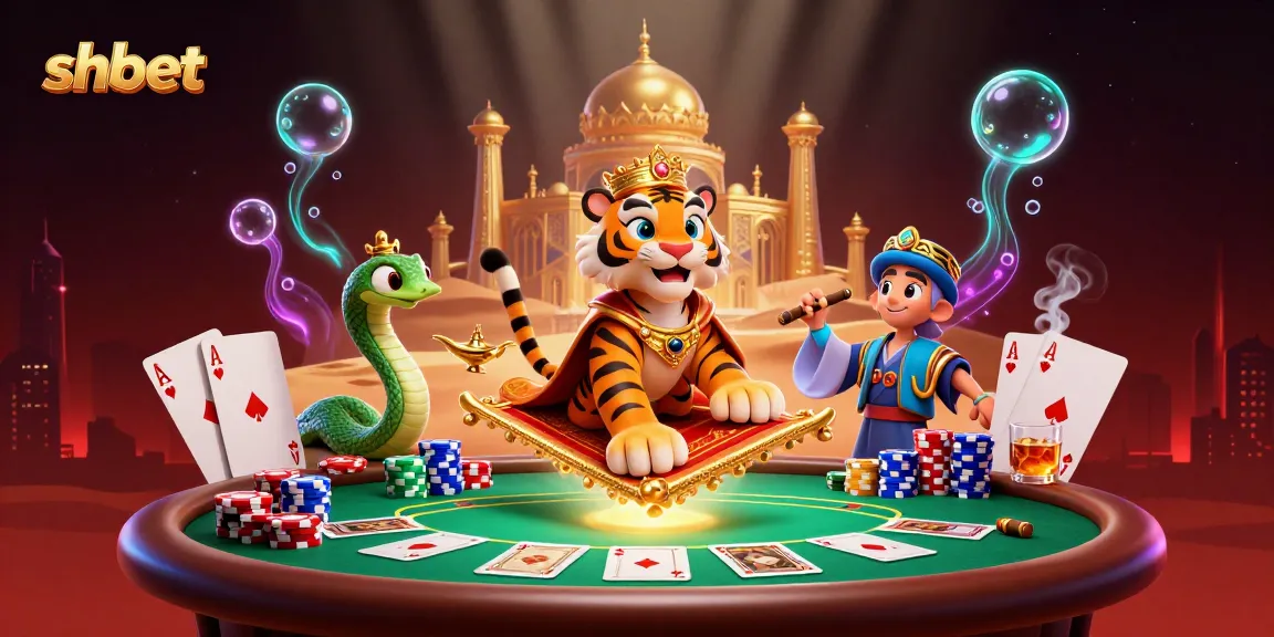 Engage with shbet's vibrant casino atmosphere featuring a tiger sultan and dynamic poker elements.