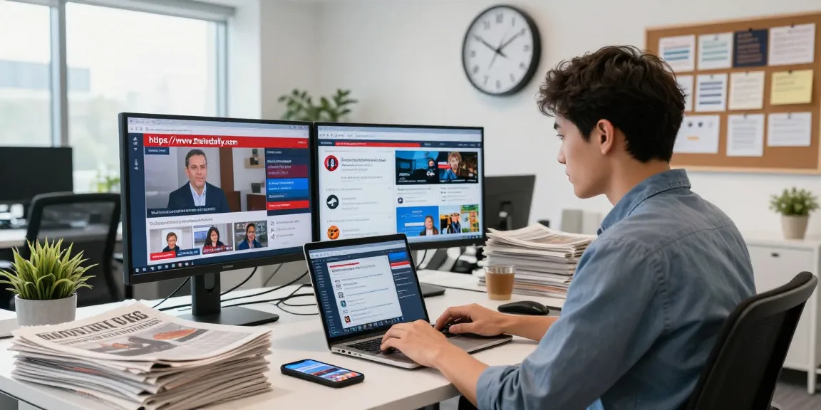 Journalist at work with live news feeds from https://www.theindaily.com and contemporary office setup.