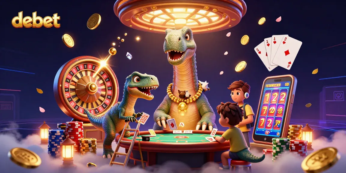 Engaging illustration of debet with a brontosaurus and a raptor at a poker table in a vibrant casino.