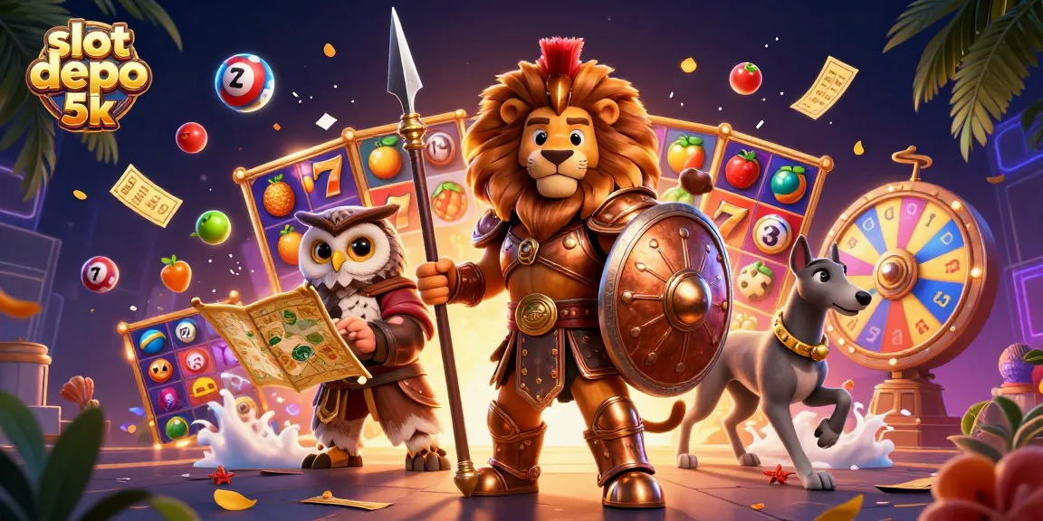 Experience the thrill of winning at slot depo 5k with vibrant slot reels, lucky symbols, and an energetic scene.