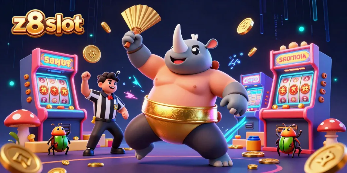 Experience thrilling gameplay with z8 slot as colorful coins and game elements surround a cartoon beetle champion.
