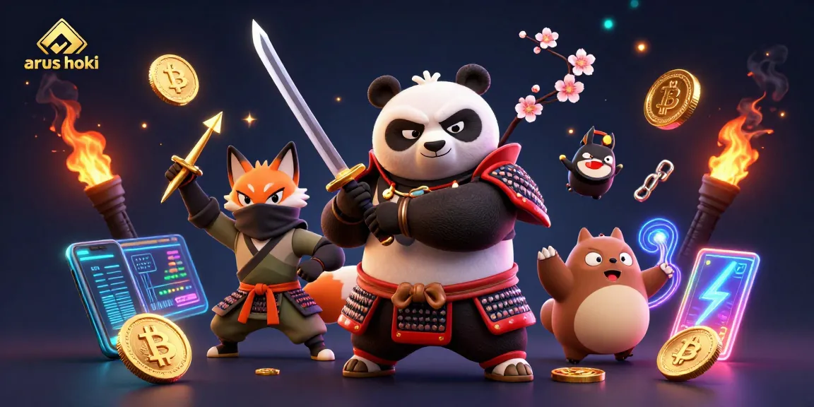 Permainan slot arus hoki dengan karakter panda samurai dan rubah ninja, simbol kemenangan bersinar.