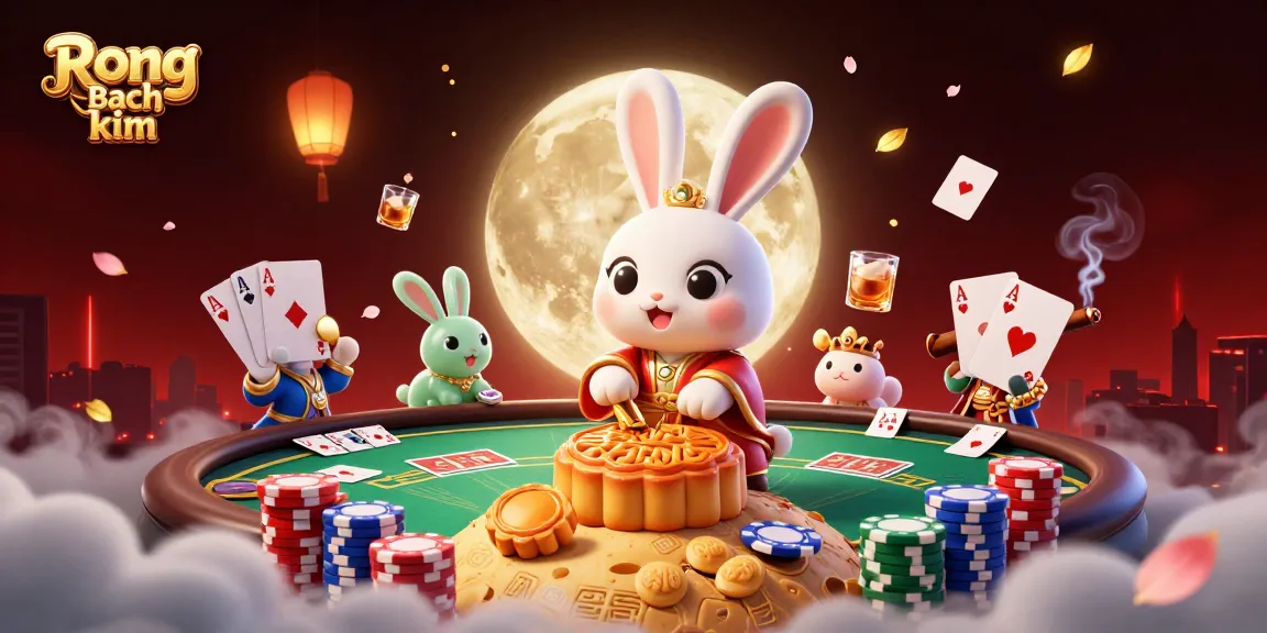 Engage with Rong bach kim featuring a mythical moon rabbit creating treasure-filled mooncakes on a lunar poker table.