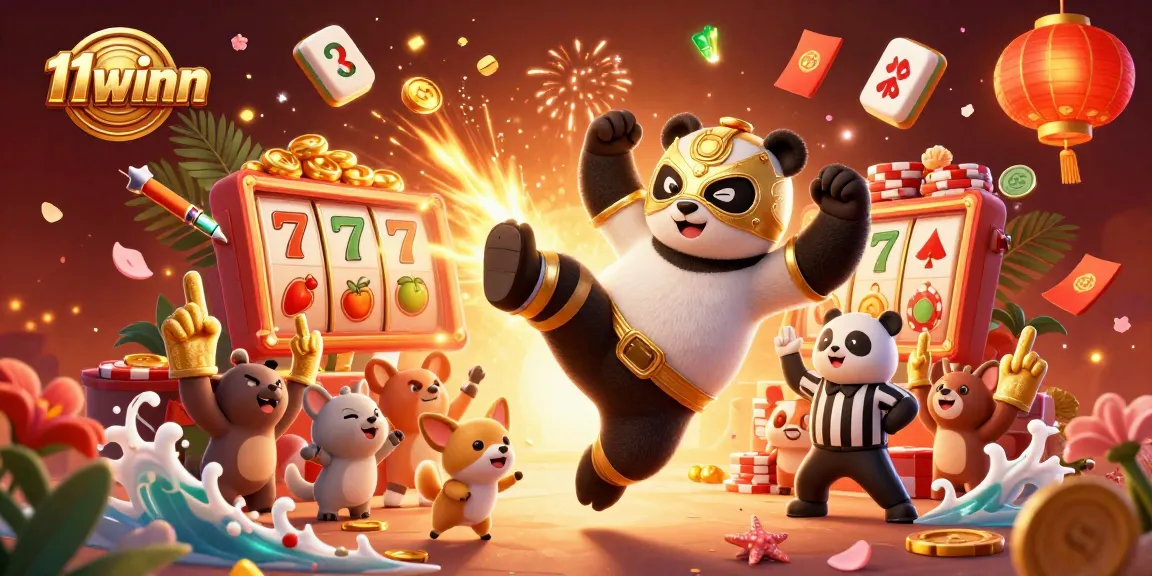 11winn displays a lively casino scene with a panda wrestler flying kick, stunning visuals, and rich details.