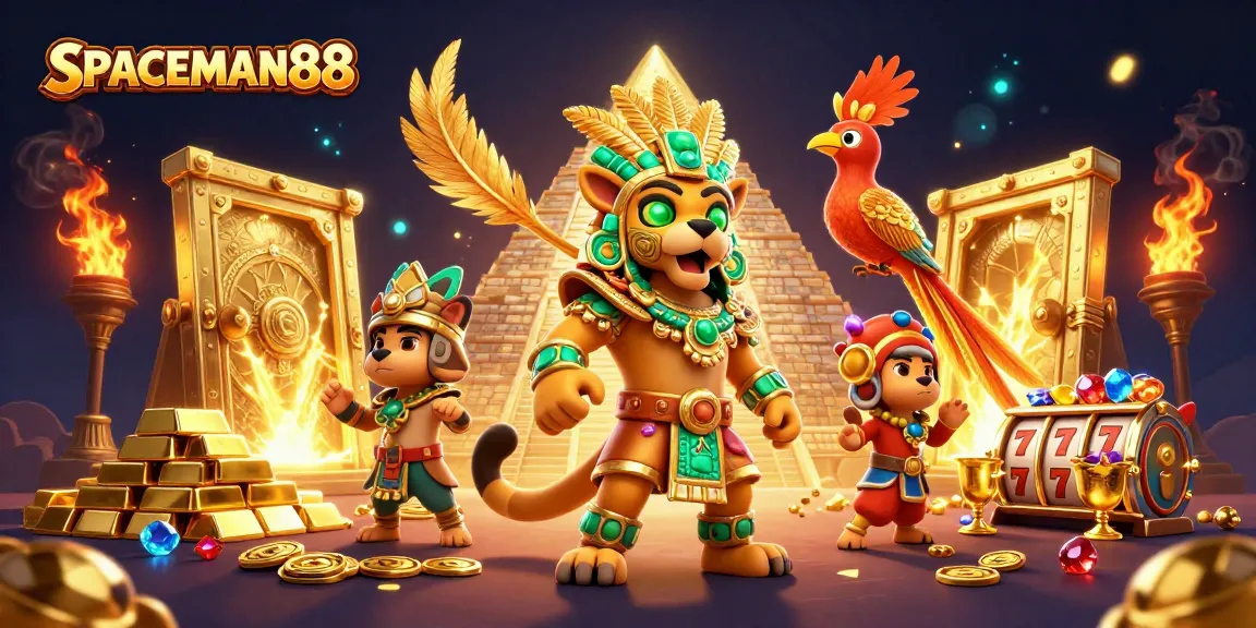 Experience thrilling wins with SPACEMAN88 at an action-packed casino scene featuring vibrant games and treasures!